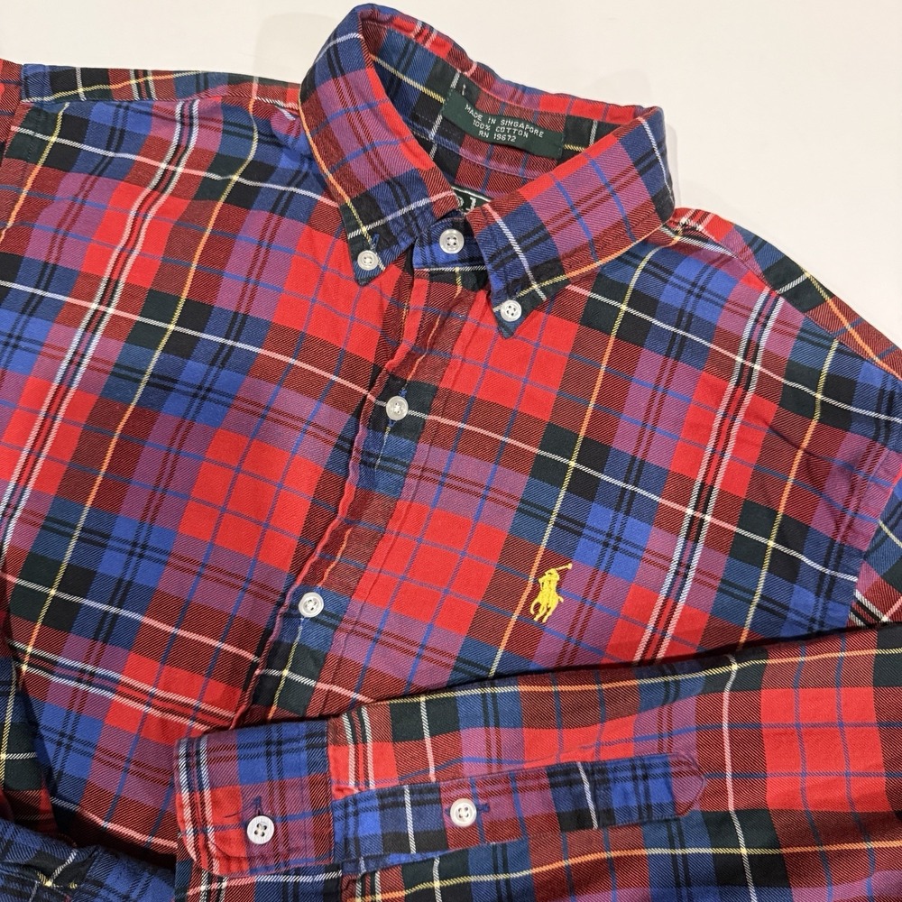 Vintage Polo Ralph Lauren Men Large Plaid Flannel Shirt Red Blue Lightweight